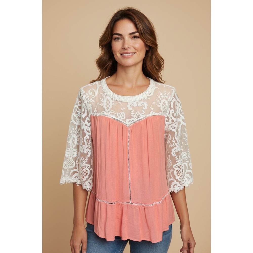 Blu Heaven Coral Pink Lace Embroidered Boho Peplum Top 3/4 Sleeves Sz M